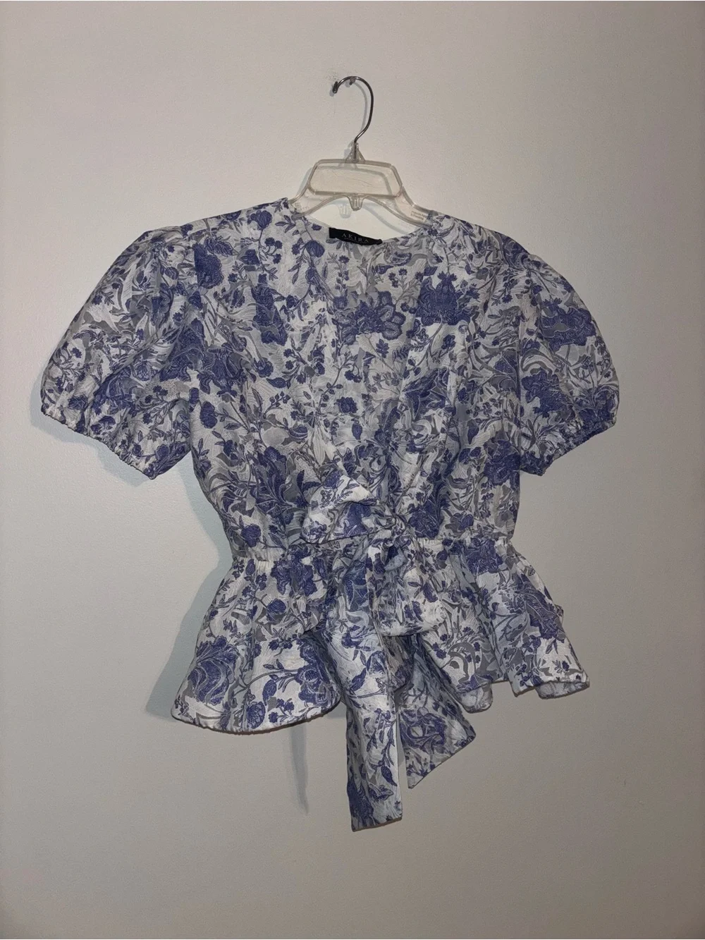 AKIRA Blue and White Floral Tie-Front Peplum Blouse - Picture 3 of 5